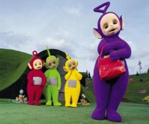 Puzle Po, Laa-Laa a Dipsy Tinky-Winky s jeho červenou tašku v přední části domu